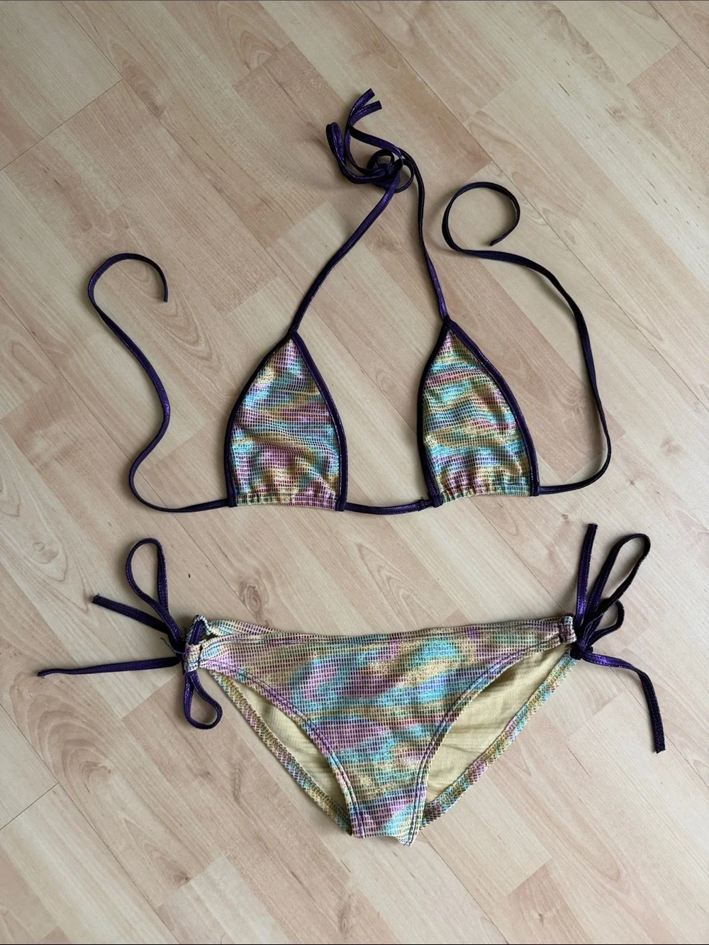 Rainbow Metallic String Bikini with Purple Trim